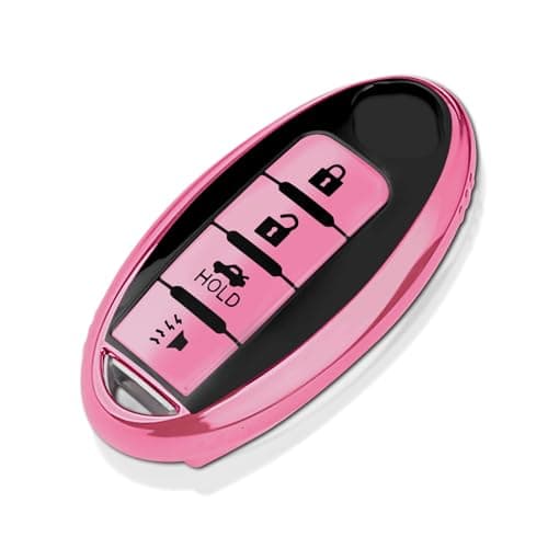 QBUC for Nissan Key Fob Cover Soft TPU Compatible with Rogue Pathfinder Murano Armada Kicks Leaf Frontier Sentra Altima Versa Titan Maxima Juke Titan Xterra Infiniti 4ButtonsBlack with Pink Trim