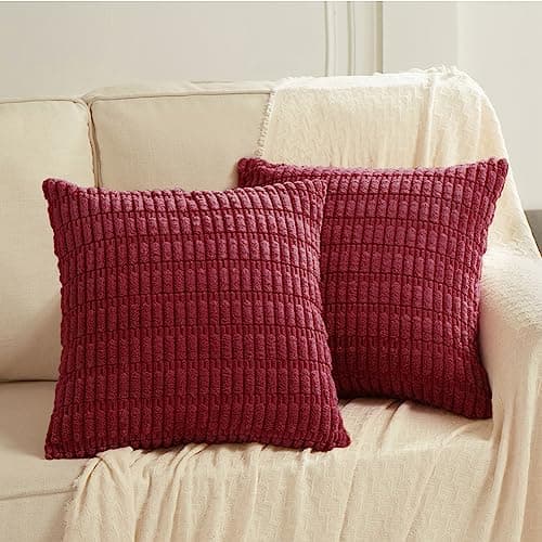 Fancy Homi 2 Packs Christmas Wine Red Decorative Throw Pillow Covers 18x18 Inch for Living Room Couch Bed Sofa Modern Farmhouse Boho Home Decor Soft Corduroy Burgundy Square Cushion Case 45x45 cm