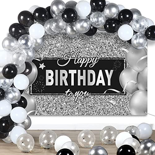 LAZYBEEE Black and Silver Birthday Party Decorations Black Silver Balloons Arch Garland Kit Silver Black Birthday Photography Banner for Kids Adults Anniversary Birthday Party Supplies Decor