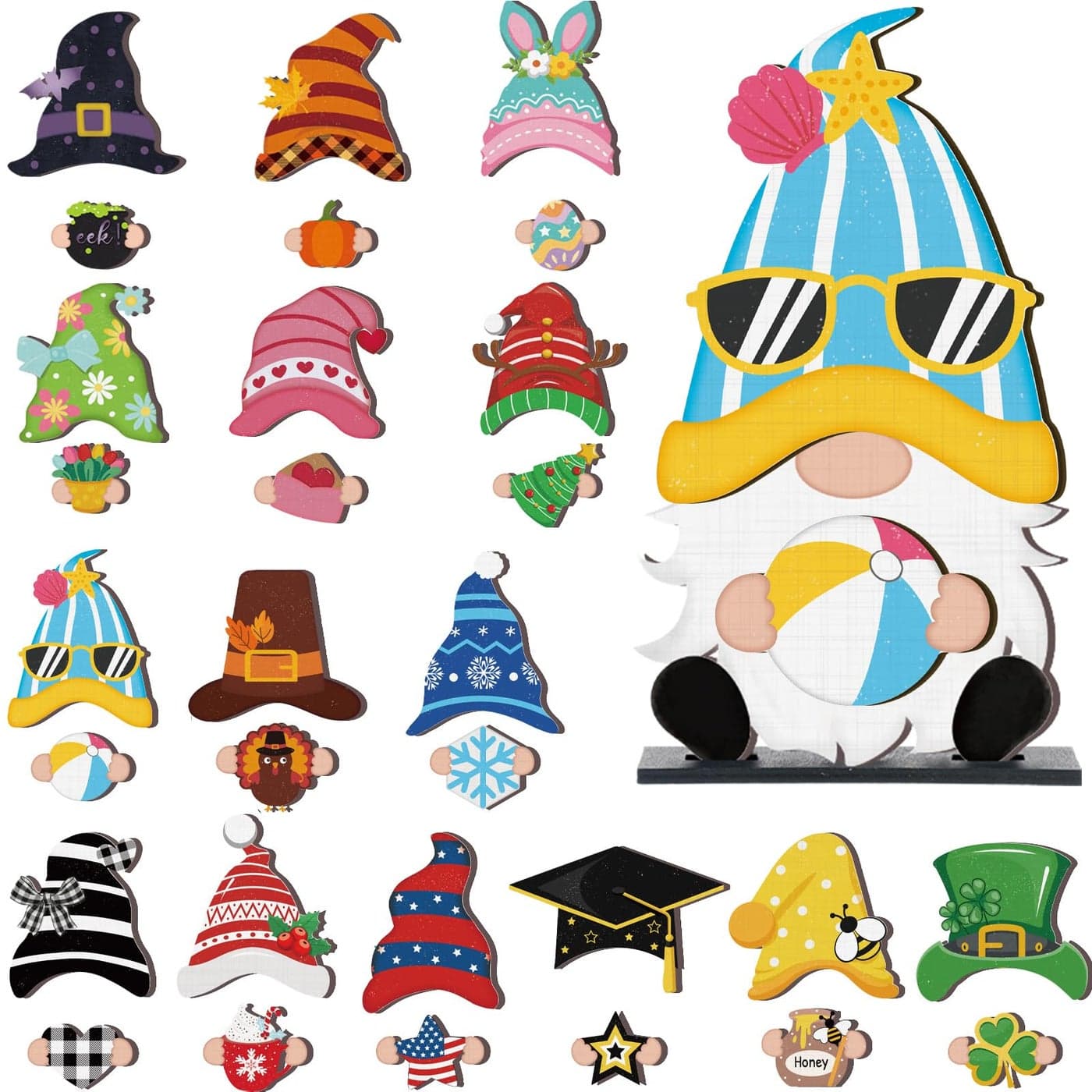 Blulu Interchangeable Wooden Gnome Decor DIY Holiday Seasonal Summer Gnomes Tiered Tray Decoration with Magnet Pieces Welcome Sign for DecorationsCute
