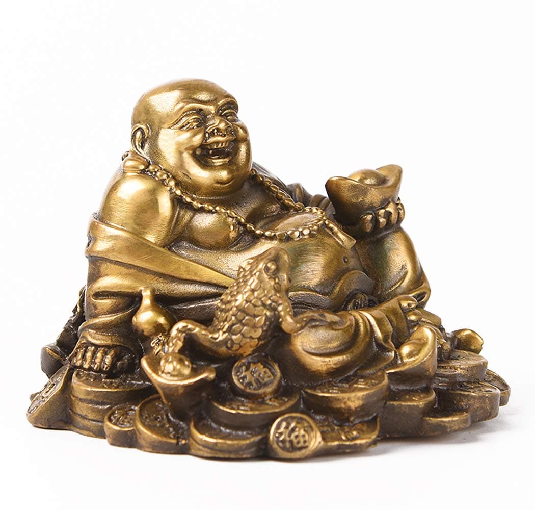BRABUD Brass Sitting Laughing Buddha with Money Frog Protect House Peace Wealth Decoration TQ163