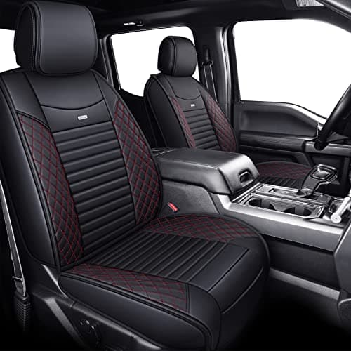 Aierxuan Ford F-150 2009-2025 Truck Seat Covers Custom Fit 2017-2025 F250 F350 F450, Waterproof Leather Cushion for Truck Pickup Supercrew Cab Lariat King Ranch Raptor (Full Set, Black-Red)