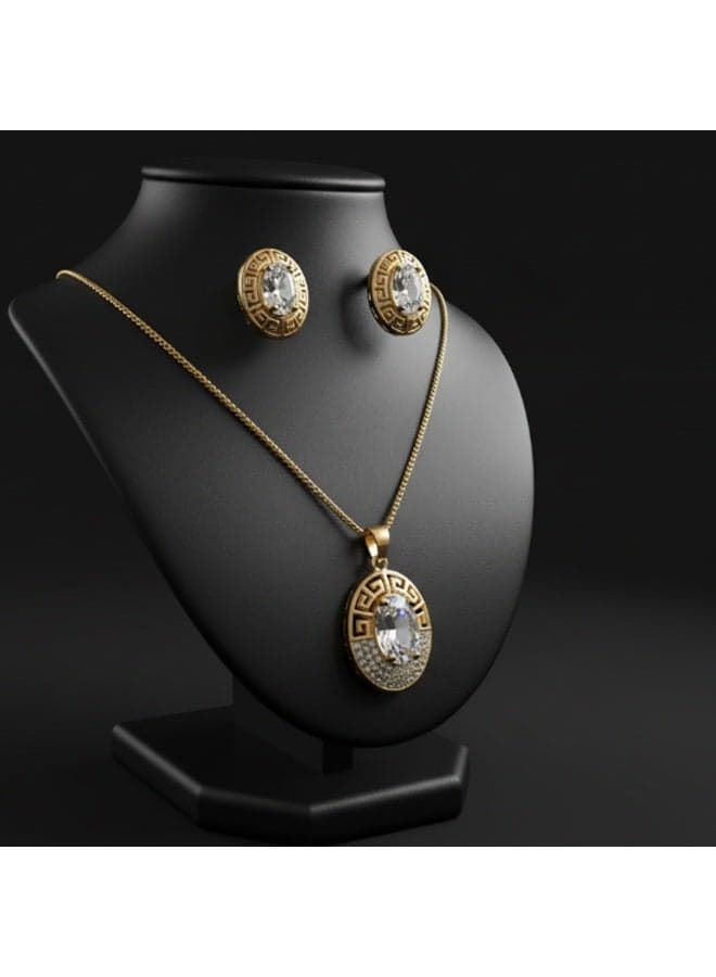 Elegant Gold Tone Oval Crystal Necklace and Stud Earrings Set with Greek Key Design, Sparkling Cubic Zirconia Accents, Perfect for Weddings, Parties, Gifts, and Everyday Glamour Wear for Women Girls