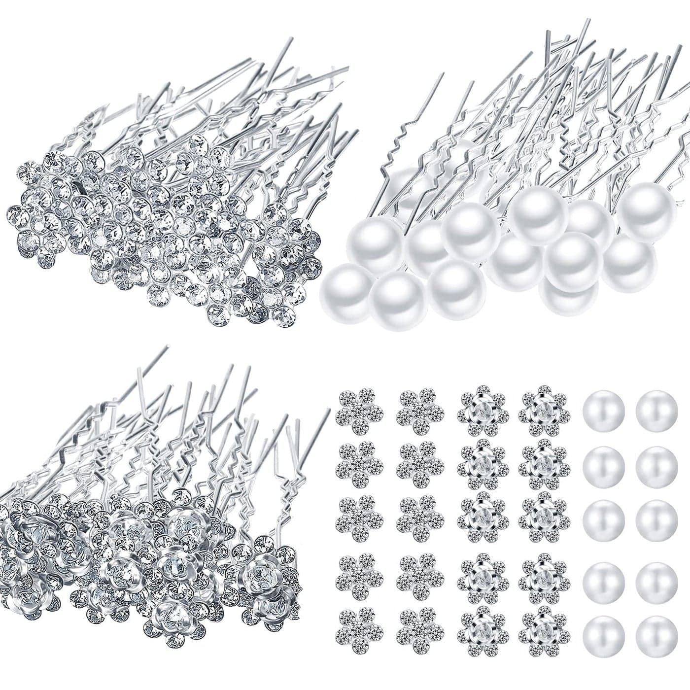 60 Pieces Bridal Hair Pins Accessories Pearl Rhinestone Flower U Shape Clips Jewelry Prom Hair Barrettes Decorations for Brides Bridesmaids Women