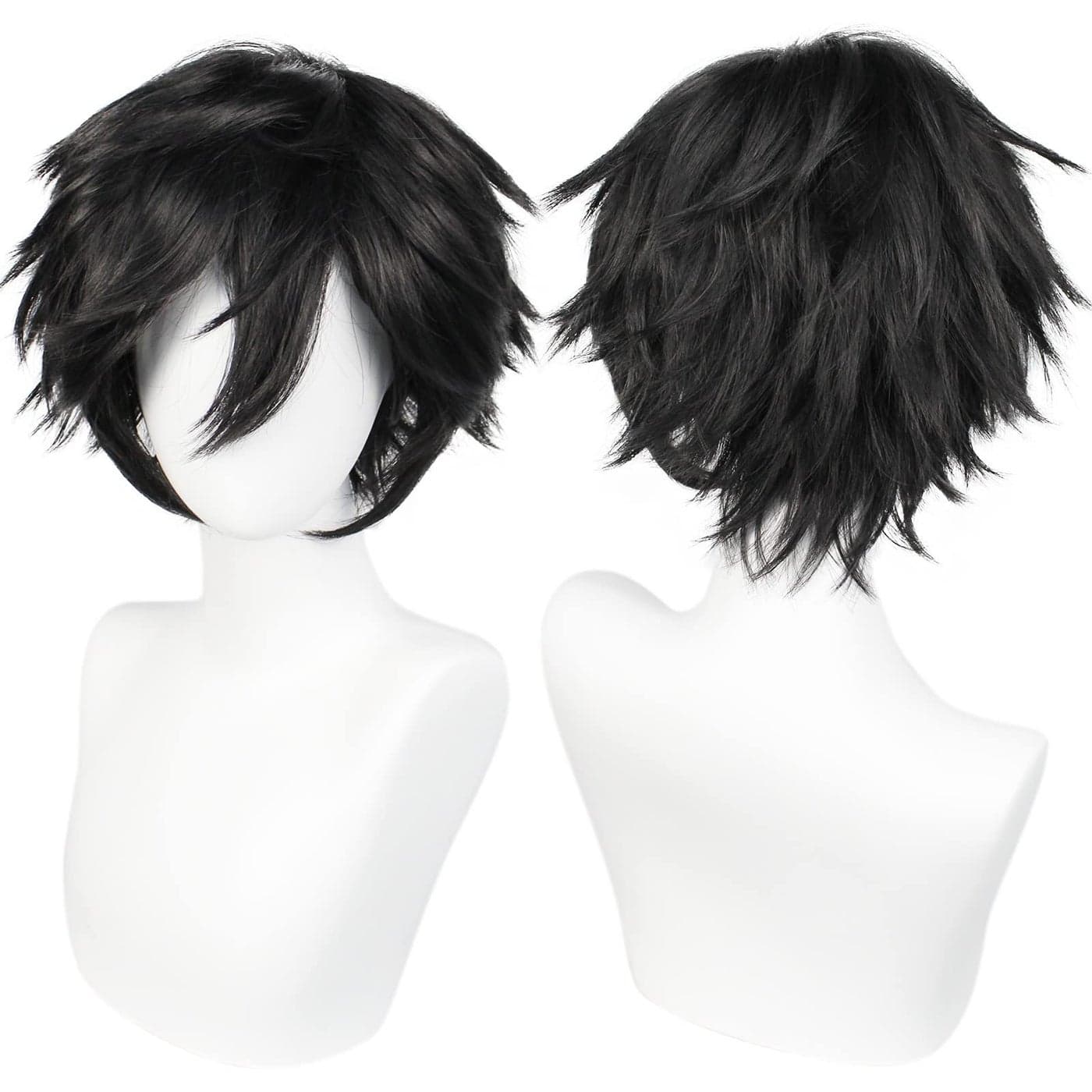 ANOGOL Hair Cap Short Black Wig for Men Short Black Mens Wigs for Cosplay Black Anime Cosplay Wig Layered Black Party Wigs with Bangs for Halloween Costume Christmas Peluca Negra Synthetic Hair