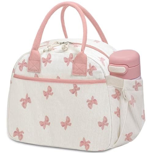 Carry bloom Lunch Box for Women, Insulated Lunch Bag Cute Corduroy Lunchbag Reusable Lunchbox for Work (bow pink upgraded)
