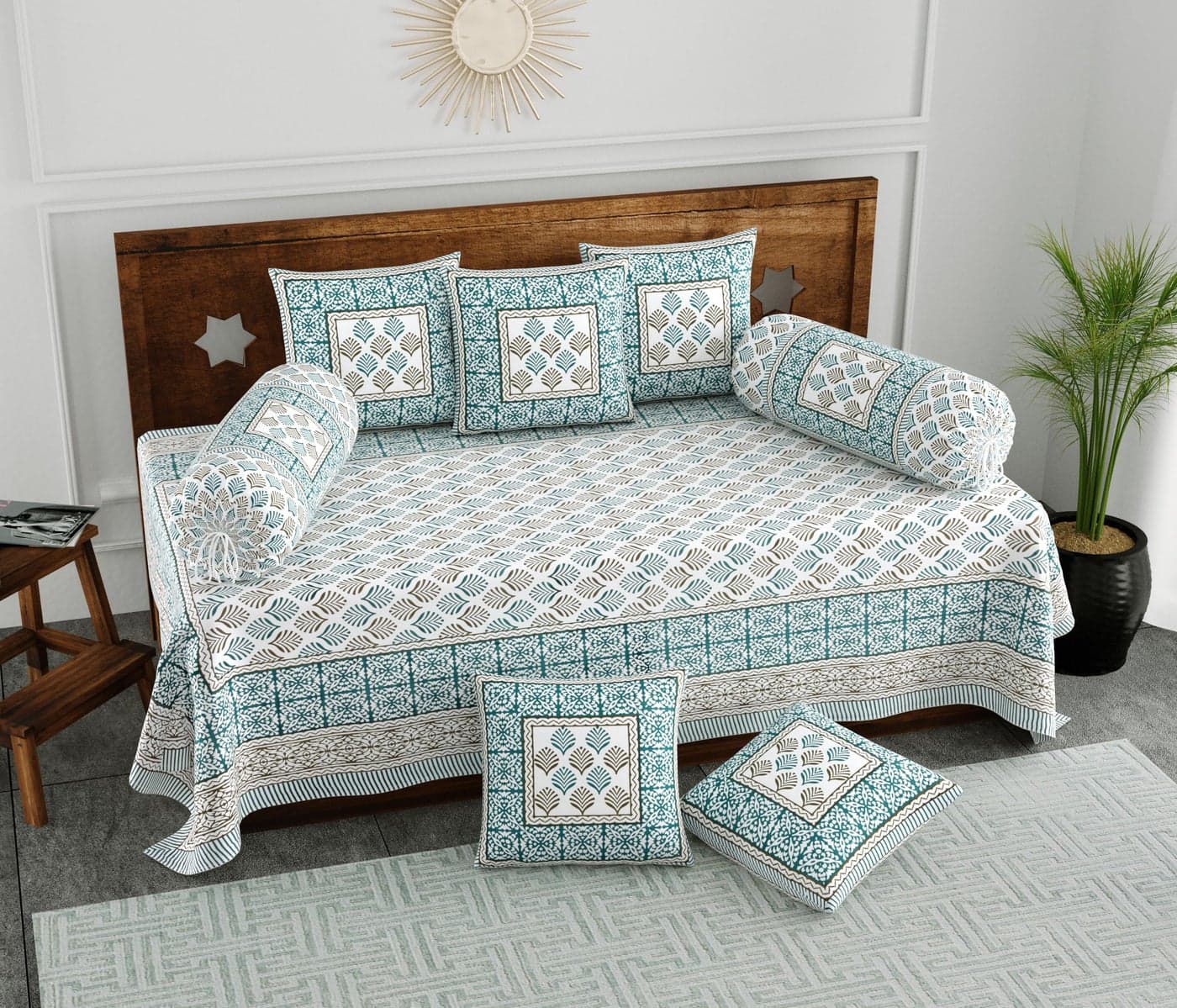 BLOCKS OF INDIA 200Tc Diwan Set Cotton 8 Piece | Deewan Printed Bedsheet Sets For Living Room Hall (Set Of 8 Piece, 1-Bed Sheet | 2-Bolster Cover | 5-Cushion Cover (Color 20, Multicolor)