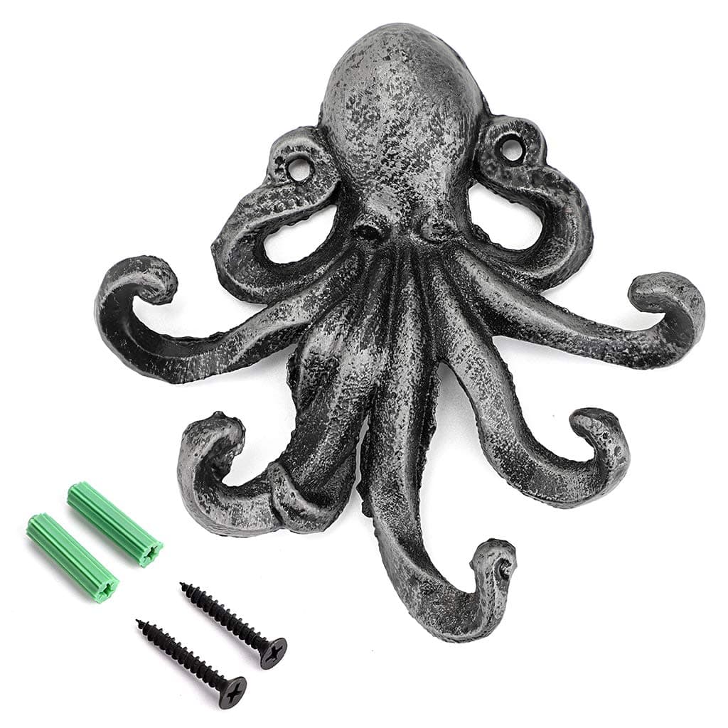 Sumnacon 6 Inch Cast Iron Octopus Decorative Coat Hook Wall Mounted Nautical Hand Towel Rack Holder with Screws Rustic Metal Clothing Hanger for BedroomBathroomKitchenBalcony Silver