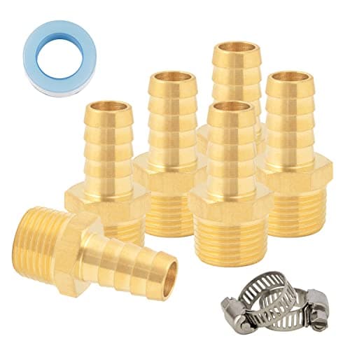 SUNGATOR 1/2 Inch Hose Barb Fittings, Brass Air Hose Fittings, 1/2'' Male NPT Pipe Thread to 1/2'' Barb End Pipe Adapter, Brass Air Line Repair Kit with Sealing Tape and Clamps (6 Pack)