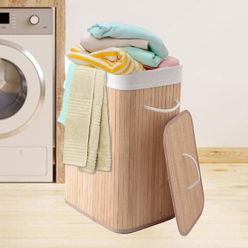 The Better Home Bamboo Laundry Bag 72 Litres With Lid (Pack of 1) | Foldable Laundry Basket For Clothes | Washing Clothes Basket | Clothes Bin (Rect. - Natural)