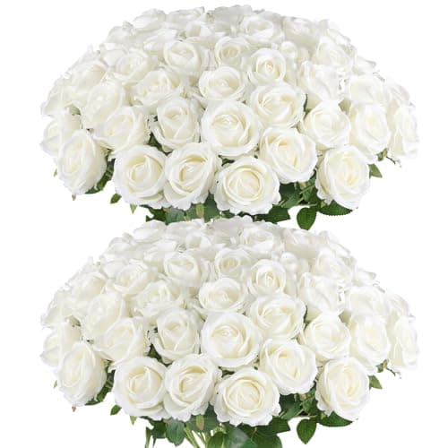 Hananona Artificial Roses in Bulk Fake Velvet Silk Roses Realistic Rose for Wedding Centerpieces Flower Arrangement Home Decor 50 White