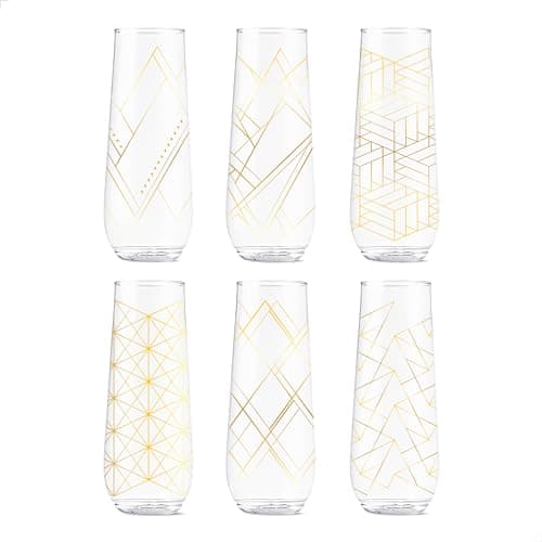 TOSSWARE POP 9oz Flute Linear Gold Series SET OF 6 Premium Quality Recyclable Unbreakable Crystal Clear Plastic Printed Champagne Glasses