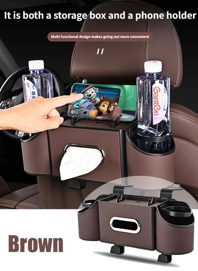 4-in-1 Back Seat Car Organizer Upgraded Multifunctional Car Storage Box Hanging Back Seat Storage Organizer Partition Design with Phone Holder Tissue Box 2 Cup Holders 2 Hooks (Brown)