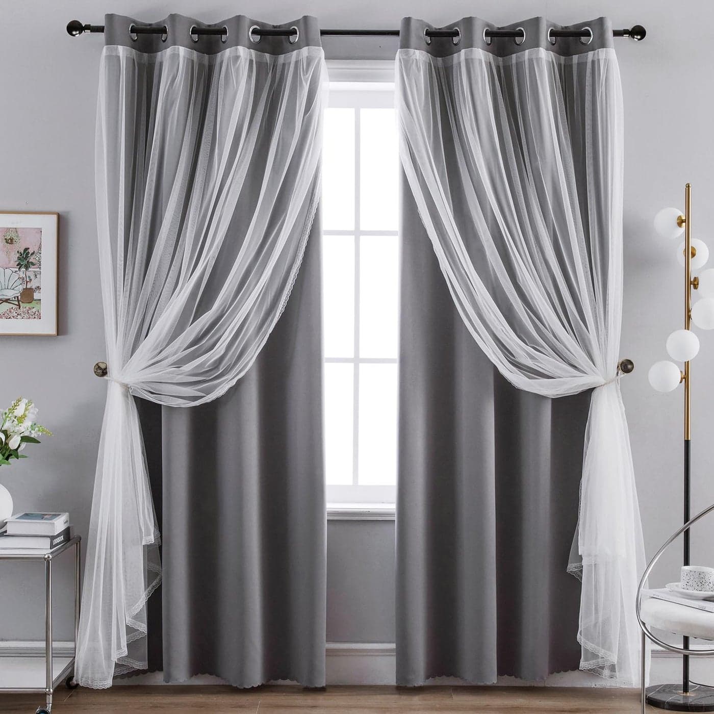 Anytime Home Curtains Blackout and Sheer Layered Solid Window Curtain Panel Pair with Grommet Top 52Wx63LGrey