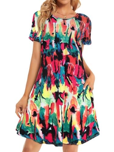 Sundresses for Women Summer Beach Tshirt Dress Tie Dye Short Sleeves Pocket Tunic(Colorful,M)