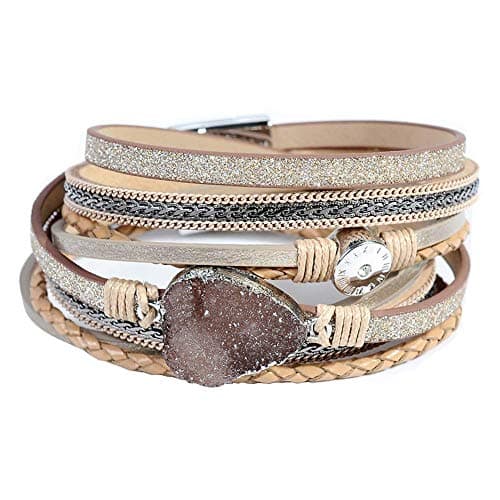 Artilady Leather Wrap Bracelet for Women - Handmade Clasp Bangle Bracelet with Pearl Beads Crystal Wristbands Jewelry Gift for Ladies and Mother