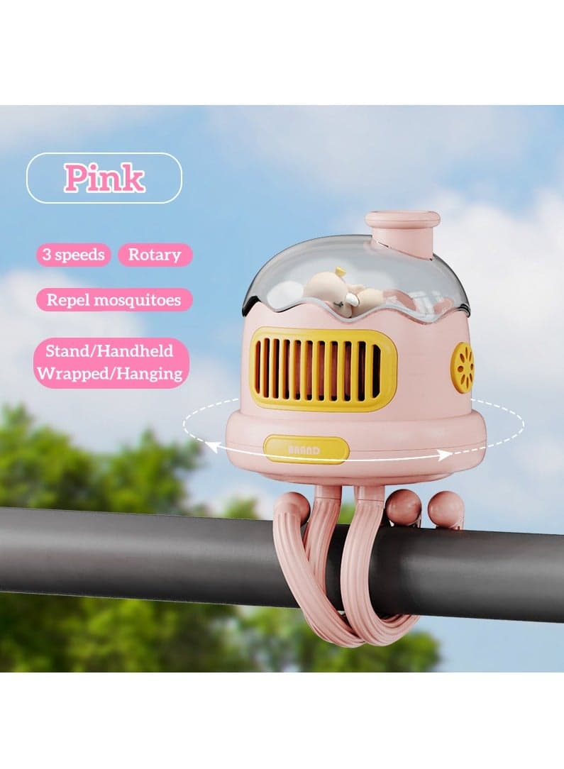 Mini Handheld Stroller Fan with Flexible Tripod, Clip-on Fan with 3 Speeds for Baby, Rechargeable Bladeless Fan Mosquito Repellent with Night Light (Pink)