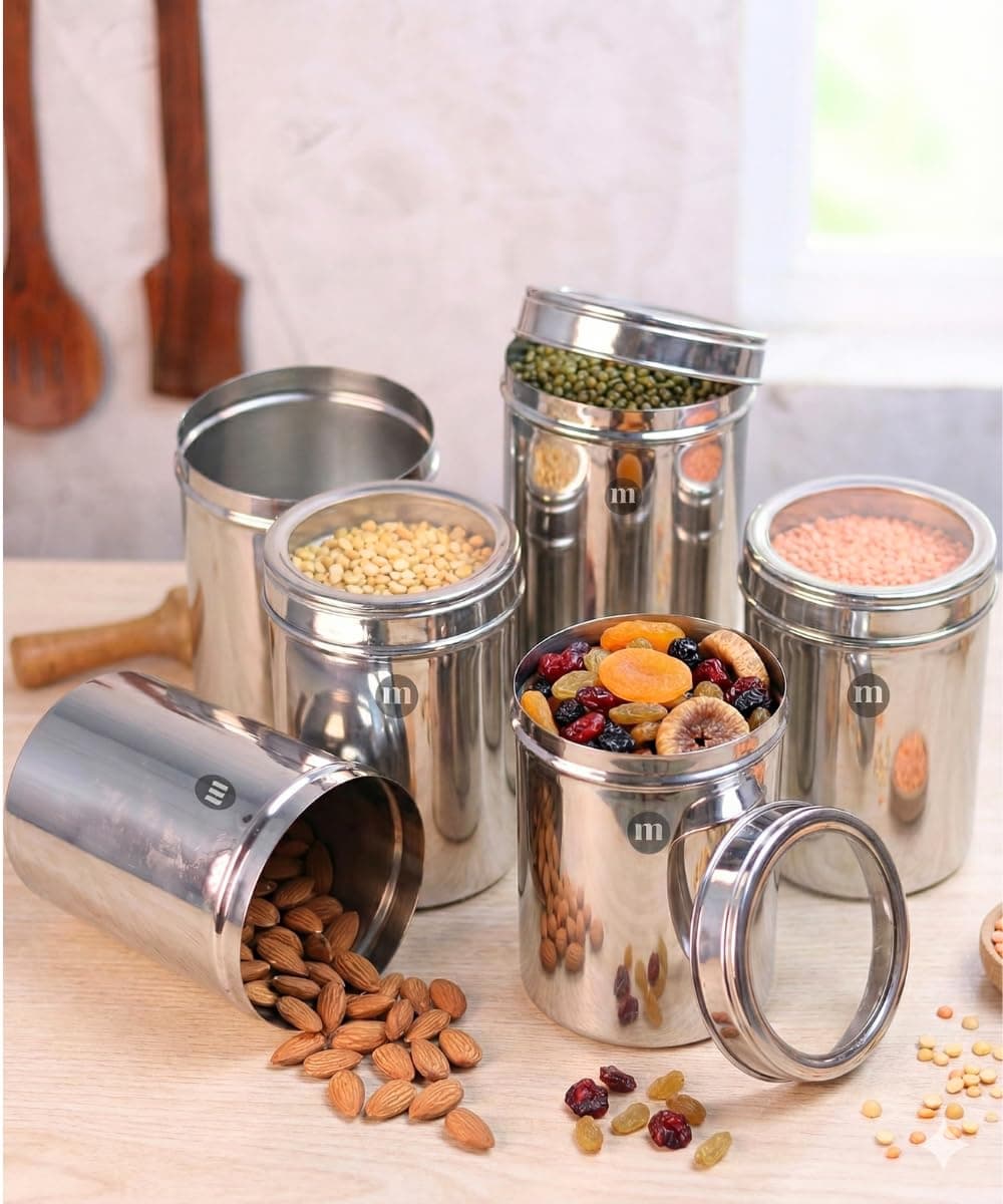 MARU 1kg Approx Stainless Steel Container with Lid Set of 6 (1250ml) See-Through Transparent Lid, Airtight Dabba Canister Set for Kitchen Storage, Perfect Jar Box for Food - Dal Lentils, Pulses,Grains