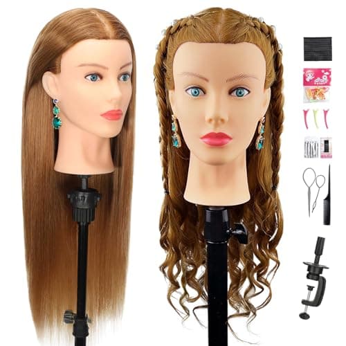 Mannequin Head Human Hair Cosmetology Manikin Doll Head with 80 Real Hair for Hairdresser Practice Styling Braiding Training Heads Free Clamp Holder Brown