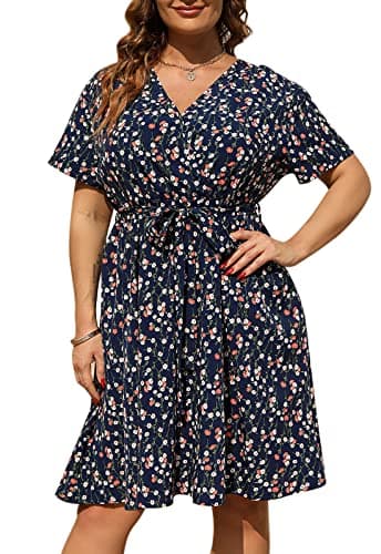 Nemidor Women Plus Size Summer Dress Floral Print Swing Boho V Neck Short Sleeve Casual Dresses with Pocket 142629520Navy Print