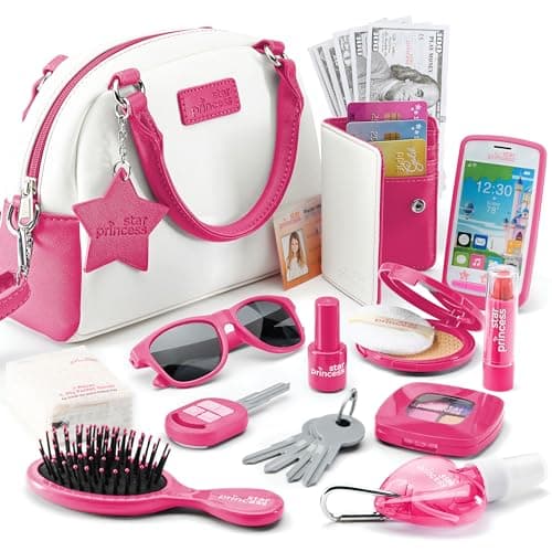 Star Princess Pretend Play Purse Set for Girls Realistic Purse with Accessories Toy Phone Wallet Credit Cards Keys Makeup for Role Playing Toys for Girls Ages 38