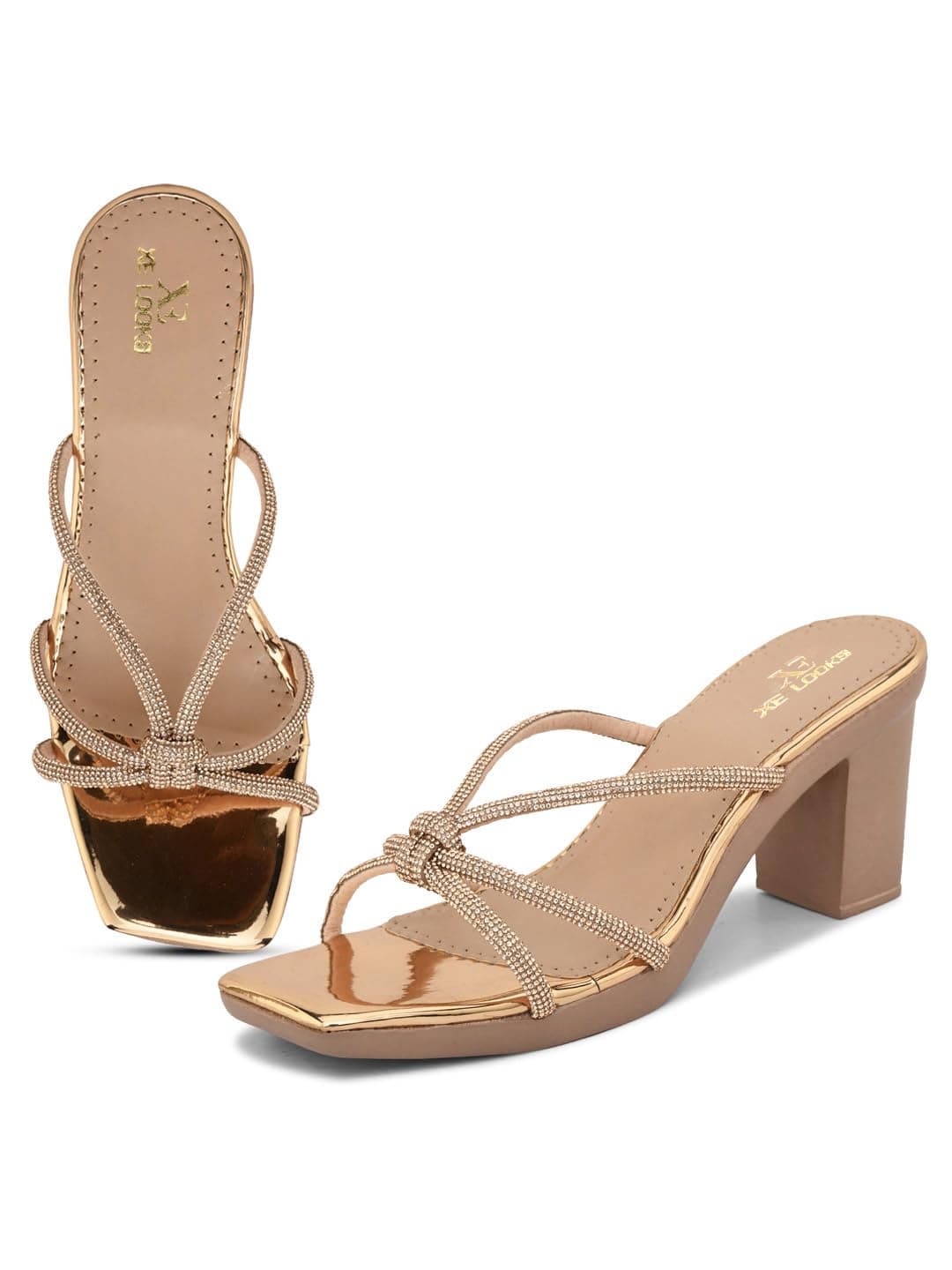 XE Looks Women's Gold Block Heels | Elegant Knotted Braided Straps | Stylish & Comfortable Heels | Fashionable Block Heels For Girls & Women