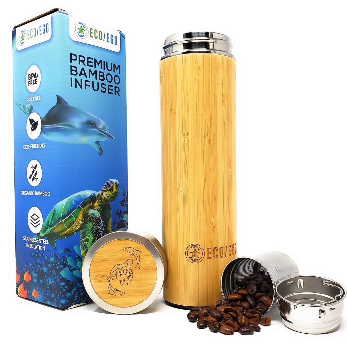 U.S.A. made ECO/EGO Organic Bamboo Tumbler for tea, fruit, coarse ground coffee. 20 oz. (600ml)