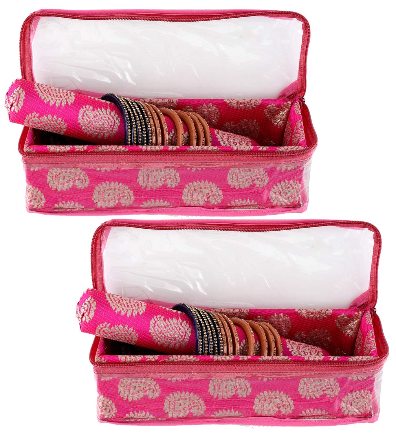 Kuber Industries Carry Design Brocade Hardboard 2 Pieces One Rod Bangle Box (Pink) -CTKTC38787, Standard
