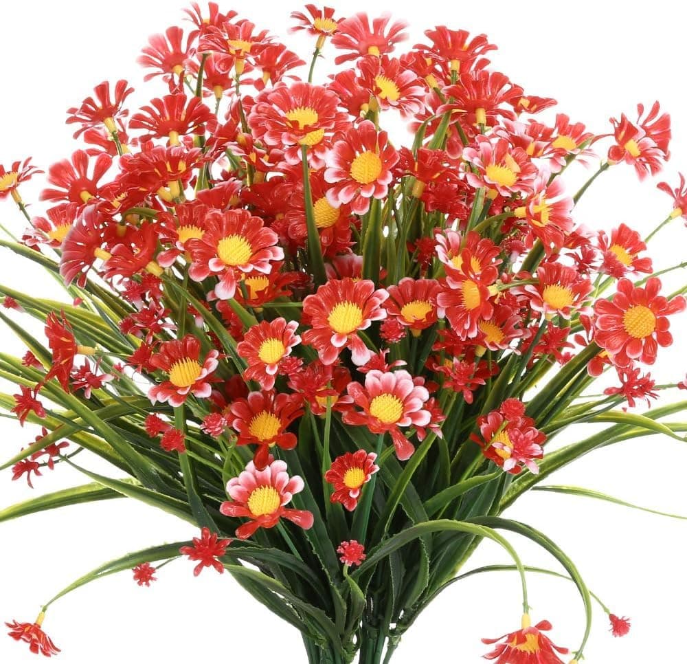 Dekorly Bundles Outdoor Artificial Daisies Fake Flowers UV Resistant Plants, Faux Plastic Greenery for Indoor Hanging Plants Garden Porch Window Home Farmhouse Decor (Red, Set of 4)