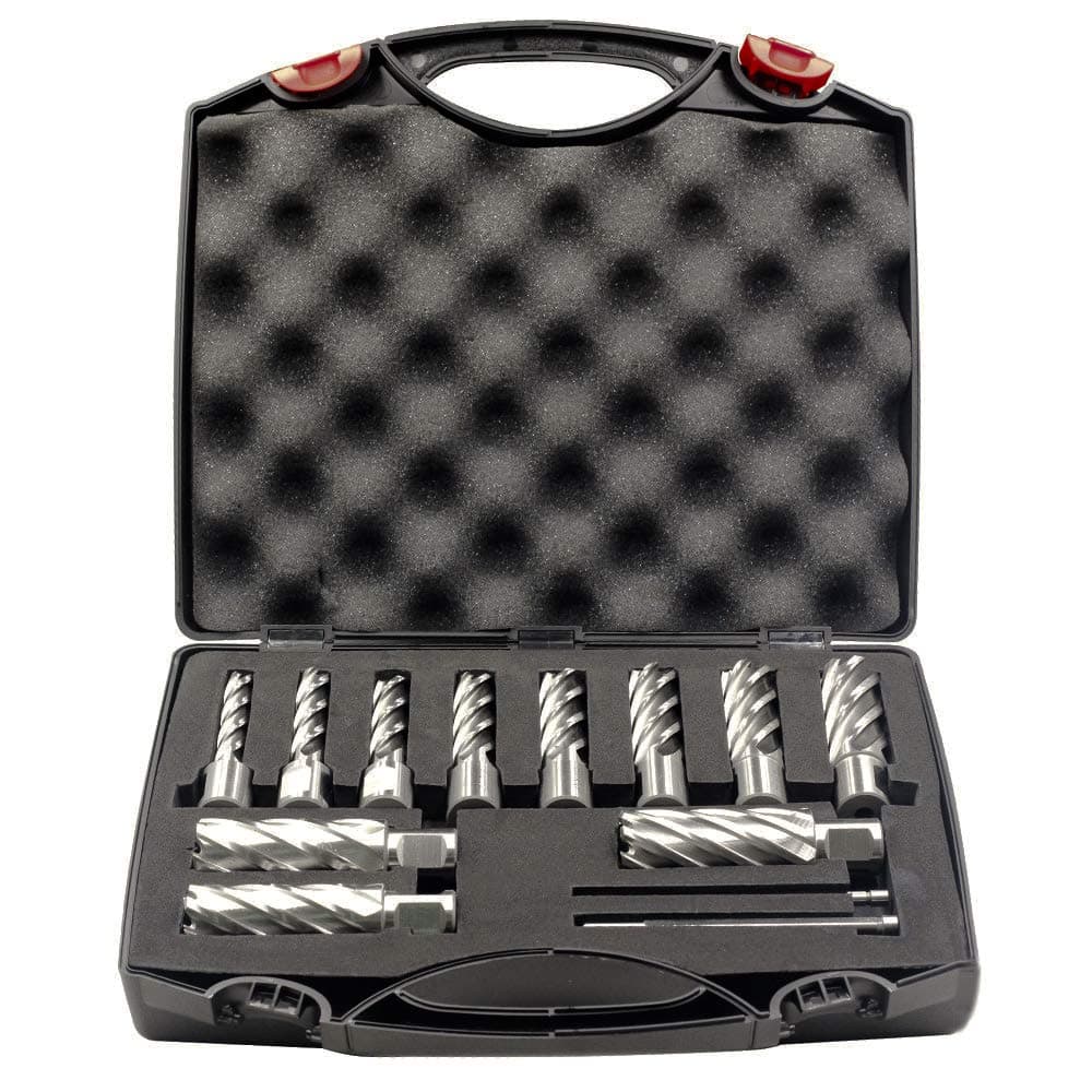 Annular Cutter Set 13 pcs JESTUOUS 34 Inch Weldon Shank 2 Cutting Depth and Cutting Diameter from 716 to 1116 for Drill Press HSS Standard Kit Two Flat with 2 Pilot Pins