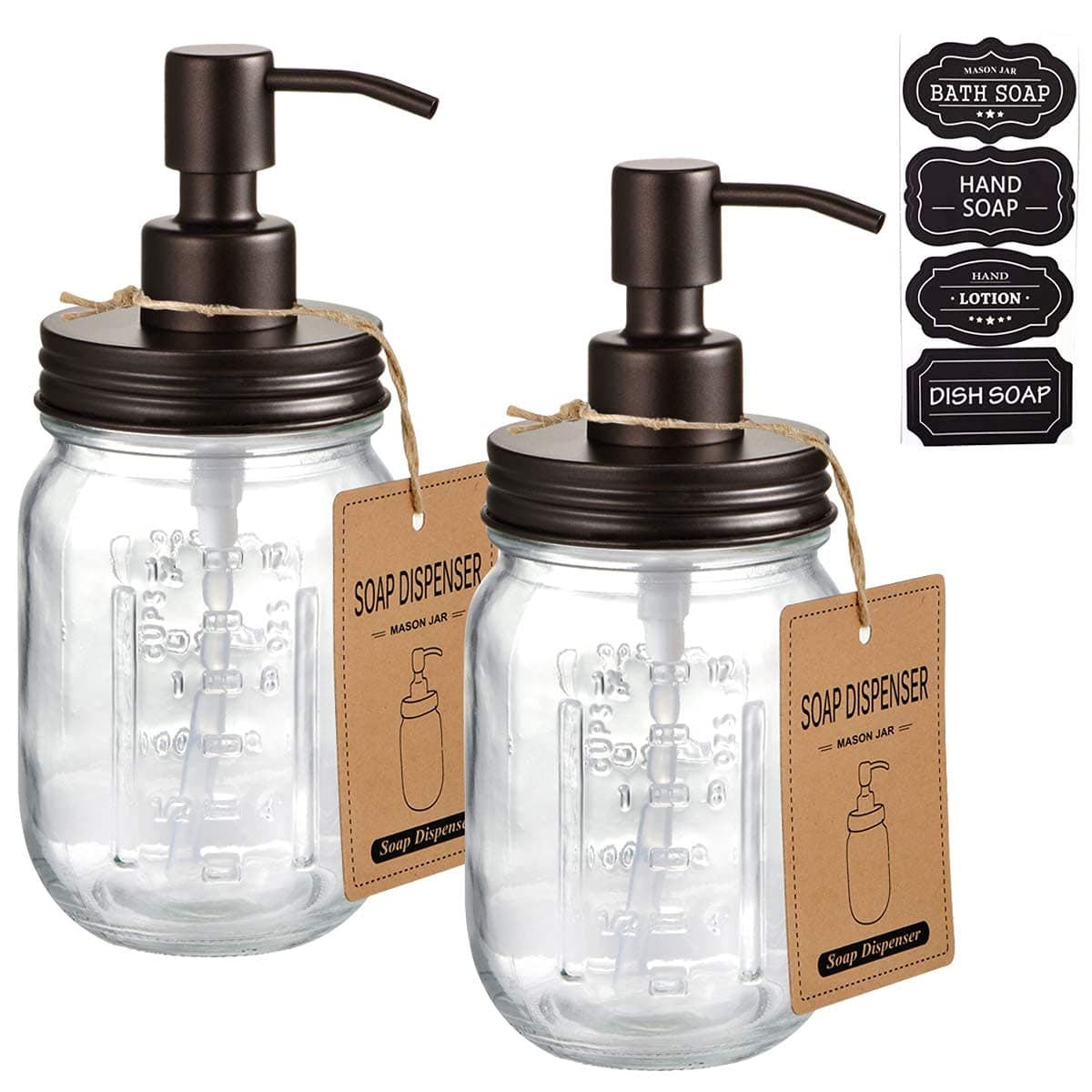 Amolliar Mason Jar Liquid Soap Dispensers Rustproof Stainless Steel Mason Jar Lid Pump Refill Hand Soap Lotions Dish Soap Liquid Soap Bath Soap Farmhouse Decor for Bathroom Kitchen 2PCBronze