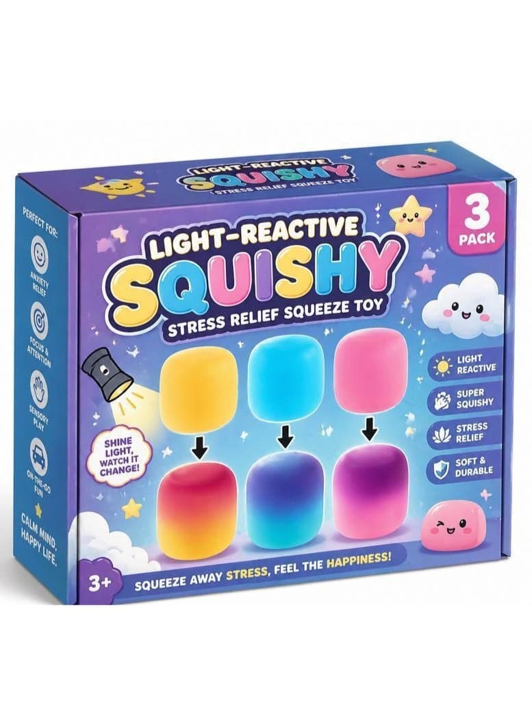 3 Pack Light-Reactive Squishy Toys, Color-Changing Stress Relief Squeeze Balls, Soft Slow Rising Sensory Fidget Toys for Kids Adults, Party Favors & Classroom Prizes