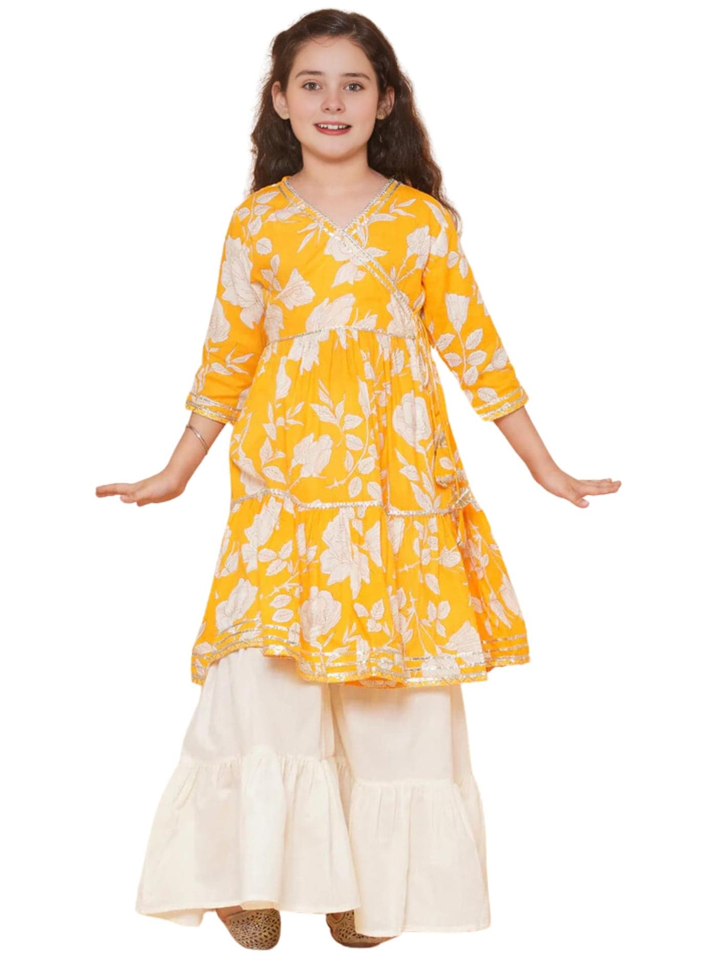 Naixa Girls Yellow Rayon V Neck 3/4 Sleeve Floral Printed Kurta and Sharara with Dupatta Set | latest Floral Designer Printed Salwar Suits Set for Girls (SE43_7-8 Year)