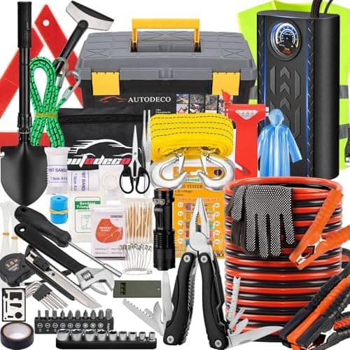 AUTODECO 98 PCS Roadside Car Emergency Assistance Kit with Portable Air Compressor Jumper Cables Safety Hammer All in One Pliers Tool Set(Black)