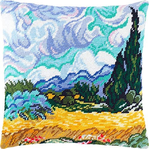 Brvsk Landscape Embroidery Kit for Adults and Beginners — Wheat Field with Cypresses by Vincent Van Gogh 16″ × 16″ with Clear, Precise Printed Design on Cotton Canvas; Includes Needles and Yarn