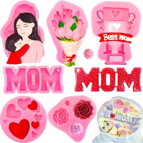 6Pcs Mother's Day Fondant Mold Mom Word Silicon Mold Best Mom Chocolate Mold Rose Tulip Flower Heart Shape Molds Mother Candy Silicone Mould Baking Supplies for Cupcake Desserts Decor
