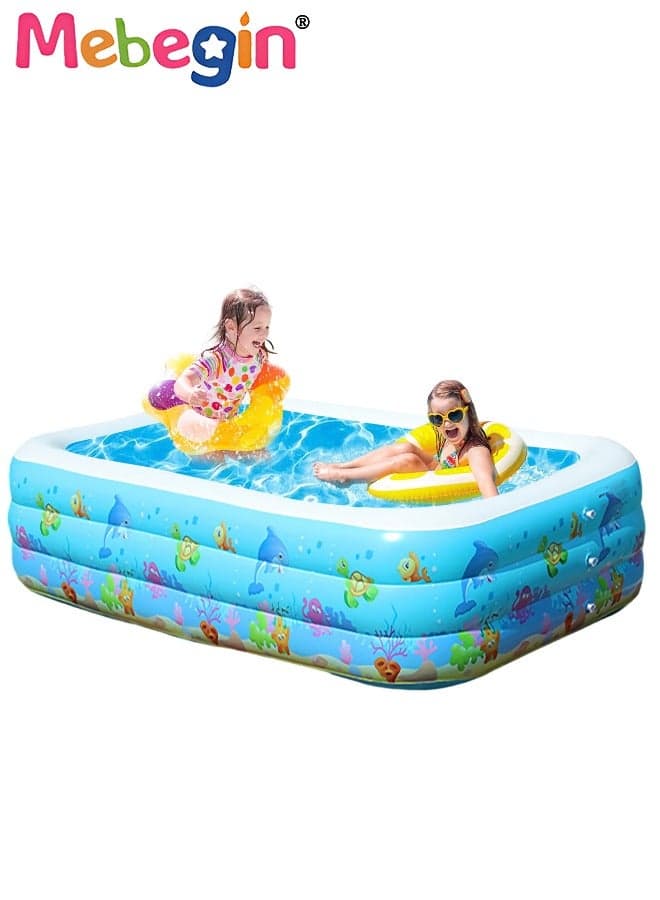 260*170*60cm Rectangle Shape Inflatable Swimming Pool with Marine Animal Print, Thickened Swimming Pool, Paddling Pool with Inflatable Safety Bubble Bottom, Durable Multifunctional Blow up Pool, Family Lounge Pool, Ideal Choice for Indoor Entertainment and Outdoor Activities