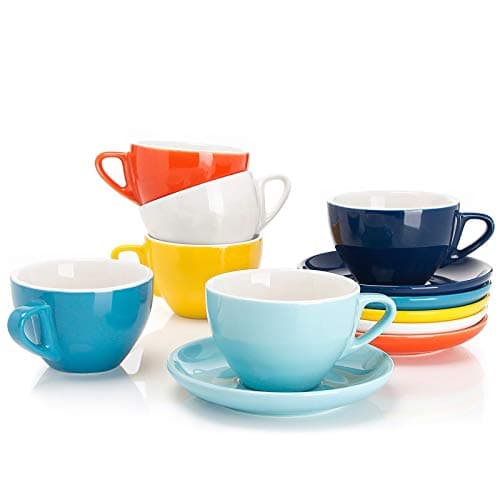 Sweese 6 Ounce Cappuccino Cups with Saucers Porcelain Double Espresso Cups Set of 6 Hot Assorted Colors