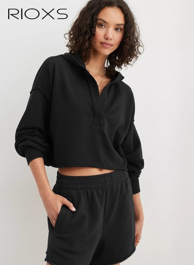 Womens Hoodies, Oversized Cropped Long Sleeve Hoodie for Ladies, Casual Pullover V Neck Sweatshirts with Rolled Hem, Spring Fall Fashion Outfits Clothes for Workout Travel Daily Wearing, Black