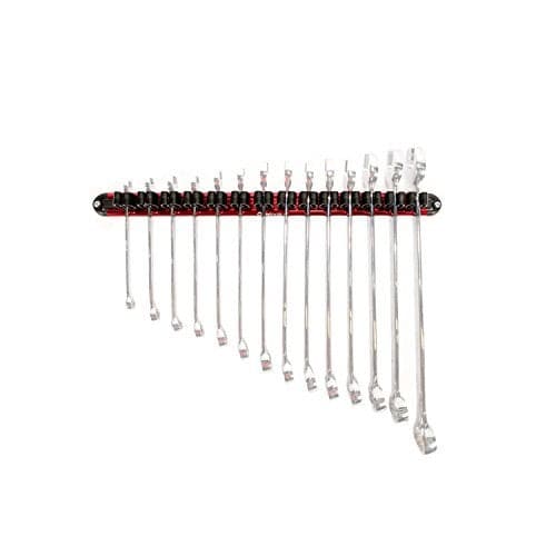 Olsa Tools WallMounted Wrench Rack Red Anodized Aluminum Rail with Black Clips Stores 14 SAE or Metric Wrenches Securely Professional Organizer Part 1028