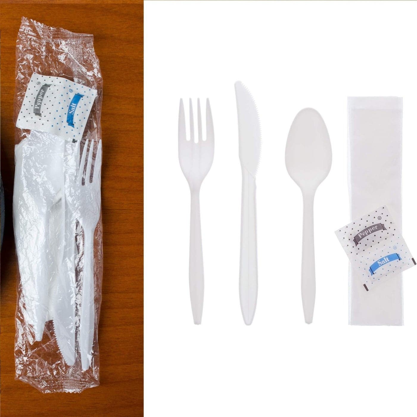 100 White Plastic Cutlery Packets Knife Fork Spoon Napkin Salt Pepper Sets Individually Wrapped Disposable Silverware