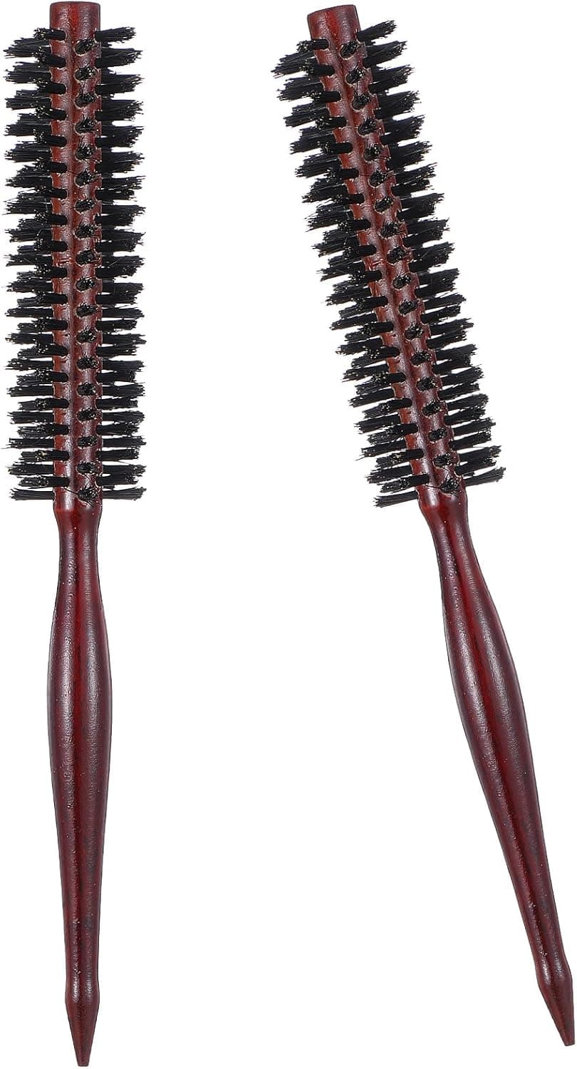 2 Pcs Small Boar Bristle Hair Brush Portable Round Brushes Mini Natural Boar Bristle Brushes with Wood Handle for Women and Men ShortThin Hair Beard Drying Styling Curling