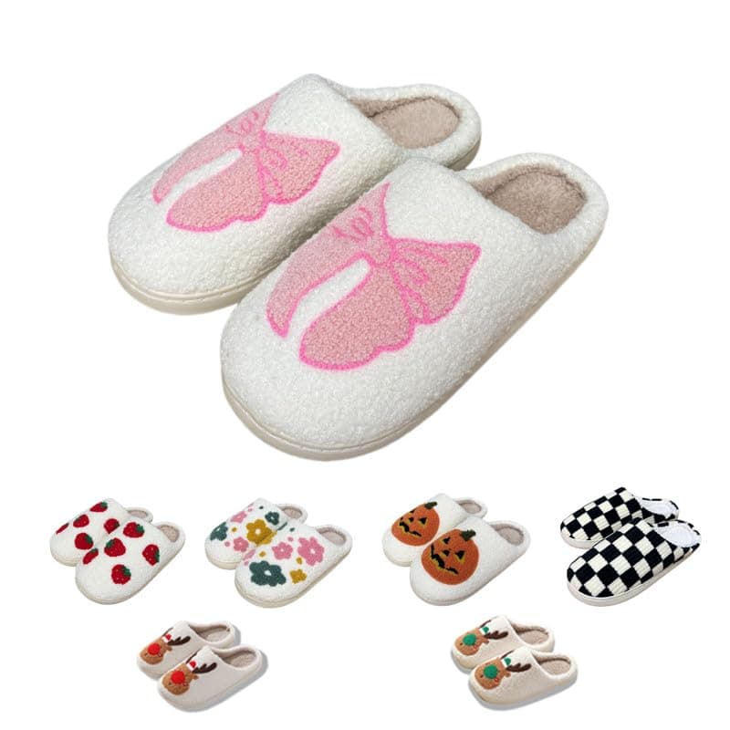 LEZIRTOI Pink Bow House Slippers for Women - Furry Warm Memory Foam, Comfy Indoor Bedroom Home Shoes, Non-Slip Ladies Winter Slippers