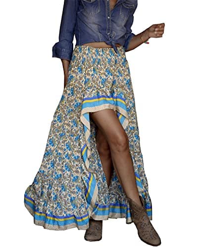 BTFBM Women 2025 Summer Spring Boho Long Skirts Dress Floral Print Elastic Waist Split Ruffle High Low Beach Maxi Skirt(X-Blue, Medium)