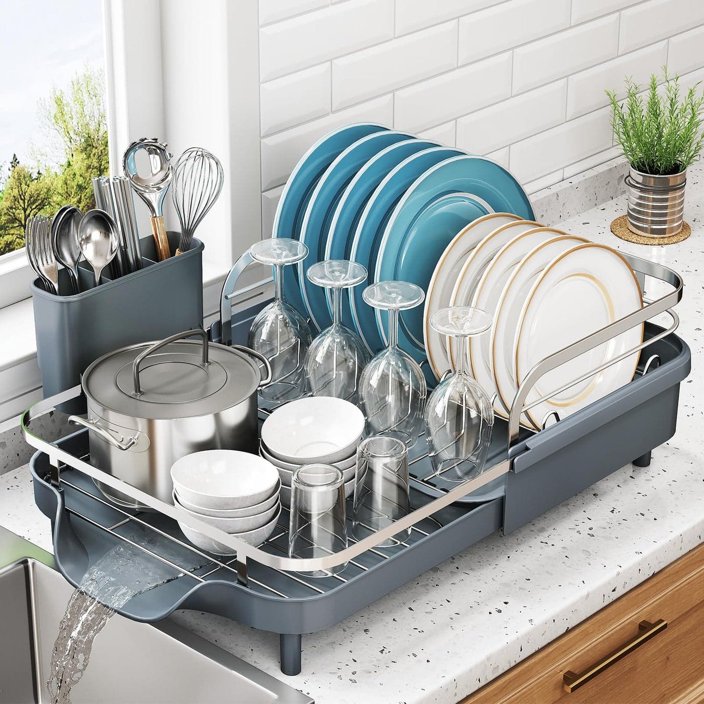 SNTD Dish Drying Rack Expandable Dish Rack for Kitchen Counter Stainless Steel Dish Drainer with Drainboard Set and Utensil Holder Gray