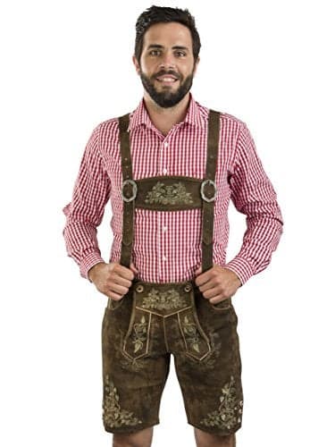 Herbstlaub Authentic Men's Bavarian Lederhosen - Oktoberfest Trachten Herbstlaub (32" Waist (EU:48), Brown-)