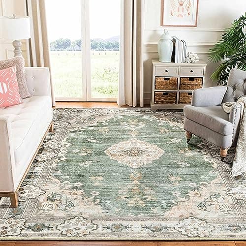 MUJOO Green Rug 6'x9' Area Rugs for Living Room Washable Rugs Large Boho Carpet for Bedroom Dining Room Neutral Vintage Farmhouse Abstract Non Slip Soft Low-Pile Floral Flowers