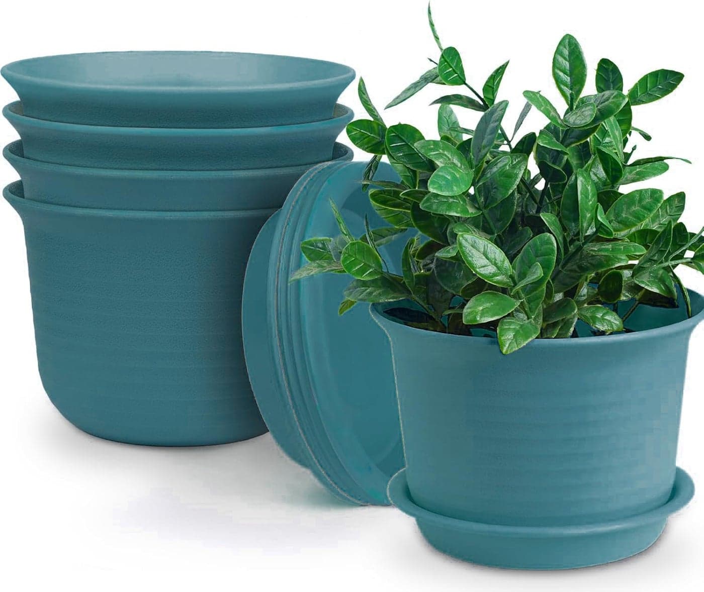 INKULTURE Plastic Round Flower Pots with Tray for Home Planters, Terrace, Garden Etc | Pack of 05 | Peacock | Size 8 Inch | for Home Indoor & Outdoor Gardening Plants