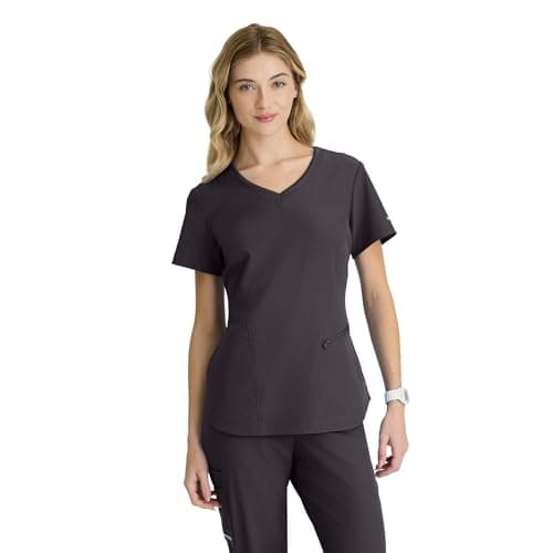 Skechers by Barco Vitality Electra Classic Fit Scrub Top for Women – Pewter, 3-Pocket Classic V-Neck Top w/ 4-Way Stretch – Moisture Wicking, Quick-Shed, Anti-Static – Small, Regular Fit