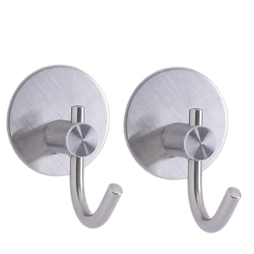 JIALTO 2 pcs Self-Adhesive Stainless Steel Hooks: Heavy-Duty Wall Hangings, Waterproof & Drill-Free - Strong Towel, Coat, and Kitchen Hooks for Bathroom and Kitchen (Big Round Silver Hook)